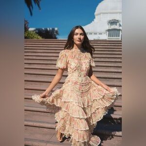 MAC DUGGAL
Beige Floral High Neck Midi Dress with Lace Trim